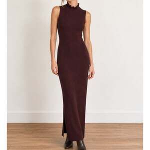 Theory Burgundy Ribbed Knit Maxi Dress Small Sleeveless Ruffle Mock Neck Stretch
